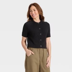 Women's Short Sleeve Cotton Cardigan Sweater - Universal Thread™ Black M